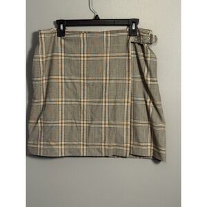 Banana Republic Wrap Mini Skirt Brown Tartan Plaid Womens 12P  Buckle Pockets